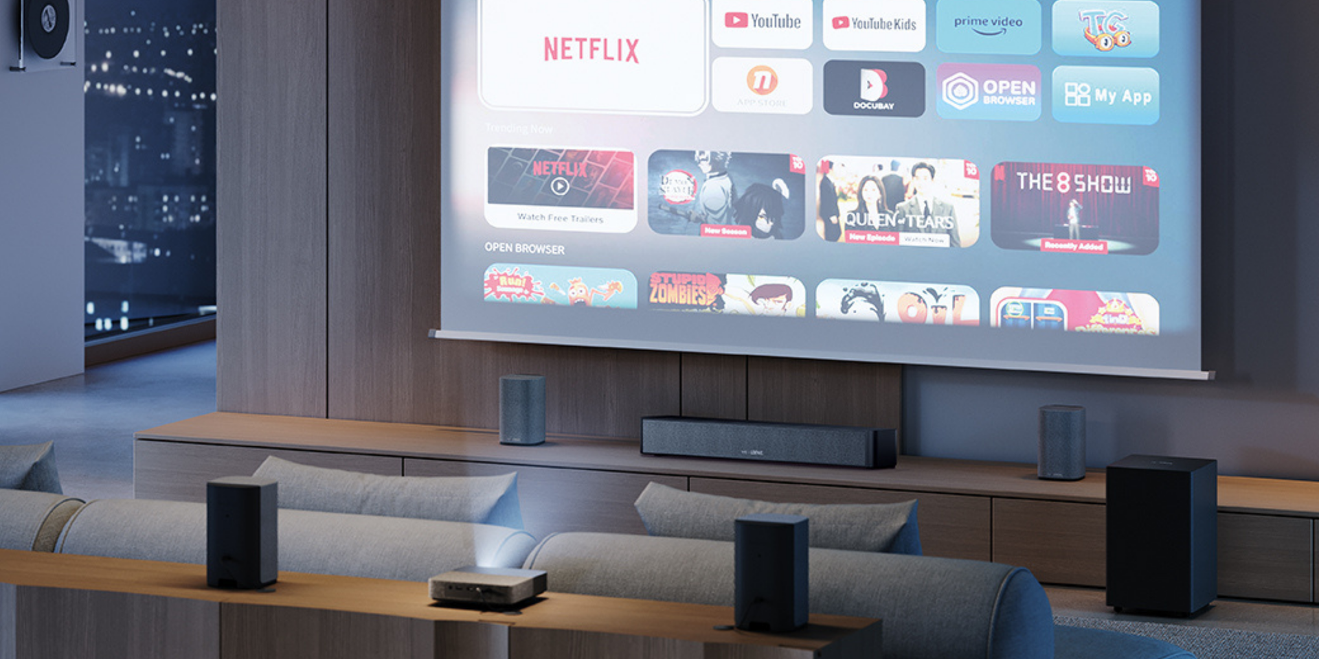 We. BOOST center speaker, We. BOOST and We. Beam in the living room