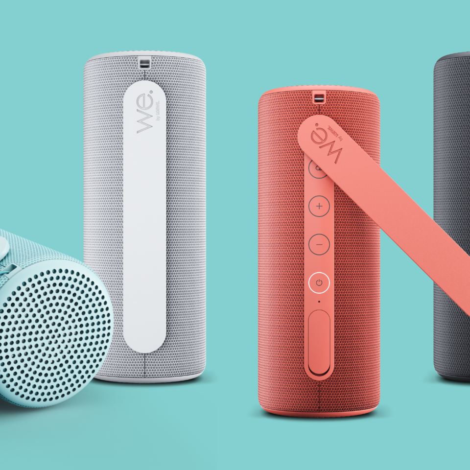 We. HEAR 1 storm grey, coral red, cool grey, aqua blue on blue background