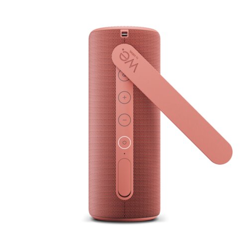 We. HEAR 1 coral red – tragbarer 40-Watt Bluetooth-Lautsprecher aufgestellt in Seitenansicht