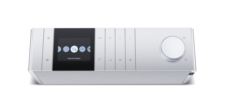 Loewe klang s1 lichtgrau – Draufsicht auf Display, Bedientasten und Steuerrad des Smart Internet-Radios