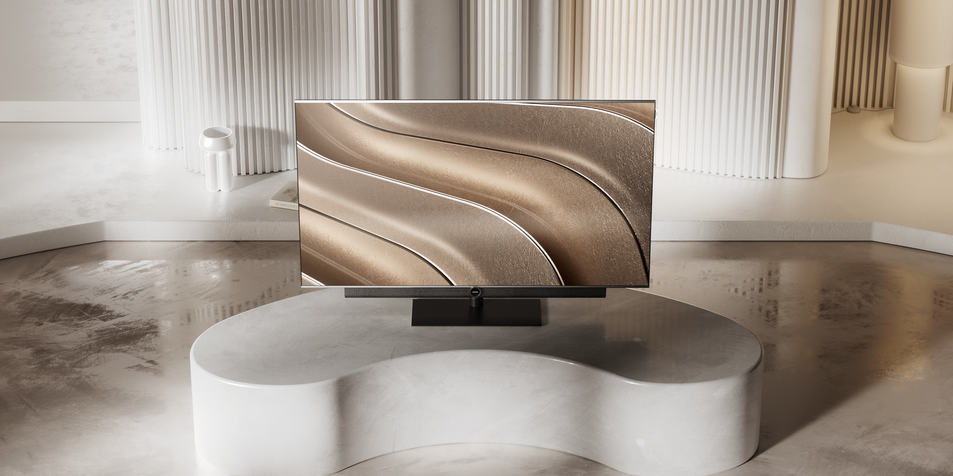 Loewe soundbar antares on the Loewe antares OLED Smart TV in a modern living room