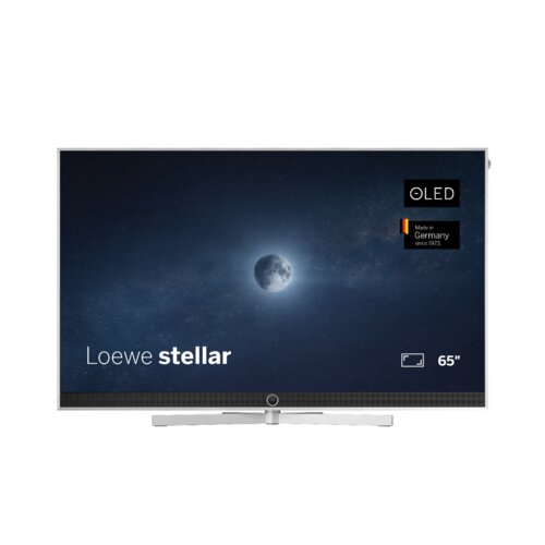 Loewe stellar 65 dr+ concrete OLED TV Frontansicht – Premium Design Fernseher mit Betonrückwand, OLED Display und Made in Germany