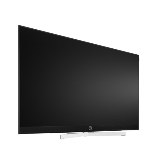 Loewe stellar 65 dr+ lava OLED TV Frontansicht nahaufnahme– Premium Design Fernseher mit Beton-Lava Rückwand und schwarzem Aluminiumrahmen