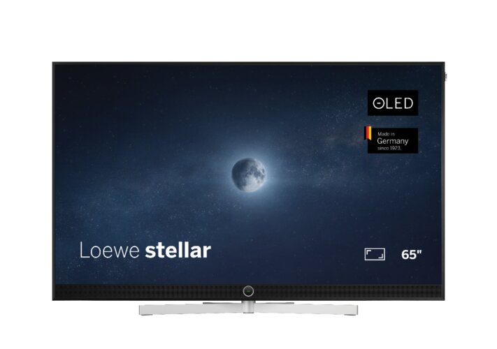 Loewe stellar 65 dr+ lava OLED TV Frontansicht mit schwarzem Bildschirm – Design Fernseher mit Beton- und Lavaoberfläche