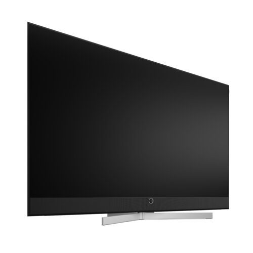 Loewe stellar 77 dr+ lava OLED TV Frontansicht schwarzer Bildschirm – Premium Design Fernseher mit Beton-Lava Rückwand und schwarzem Aluminiumrahmen