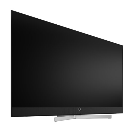 Loewe stellar 83 dr+ black OLED TV schräg von vorne mit schwarzem Bildschirm – High-End OLED Fernseher mit elegantem schwarzem Design