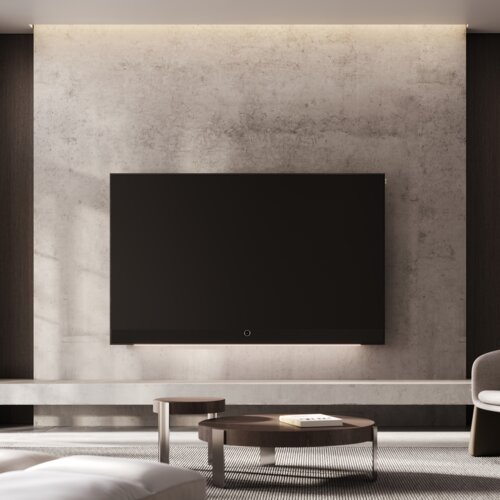 Loewe stellar 83 dr+ black OLED TV Frontansicht in modernem WOhnzimmer an Wand