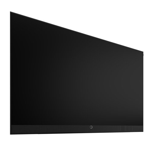Loewe stellar 97 dr+ black OLED TV Detailansicht schräg von vorne – Premium Fernseher mit hochwertiger Verarbeitung und präzisem Rahmen