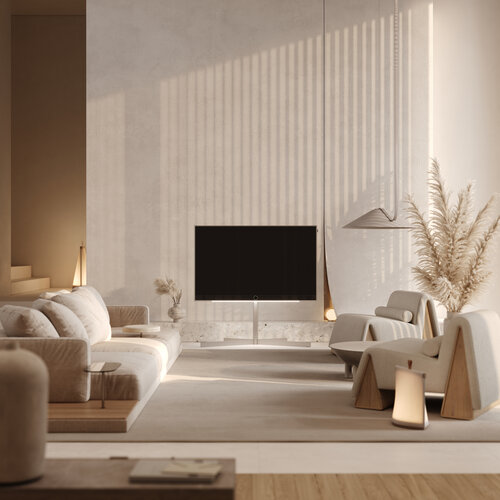 Loewe stellar OLED TV im beige-weißen Wohnzimmer – Premium Design Fernseher mit eleganter Wohnintegration und High-End Heimkino Atmosphäre