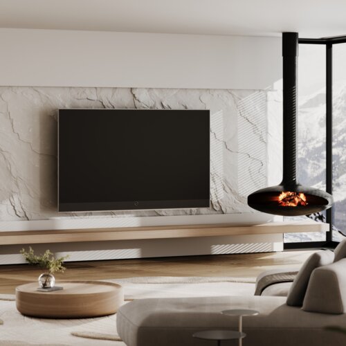 Loewe stellar 83 in a beige and white living room.