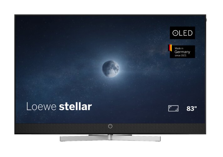 Loewe stellar 83 dr+ black OLED TV with screen turned on – Premium design television with black frame, OLED display and Made in Germany