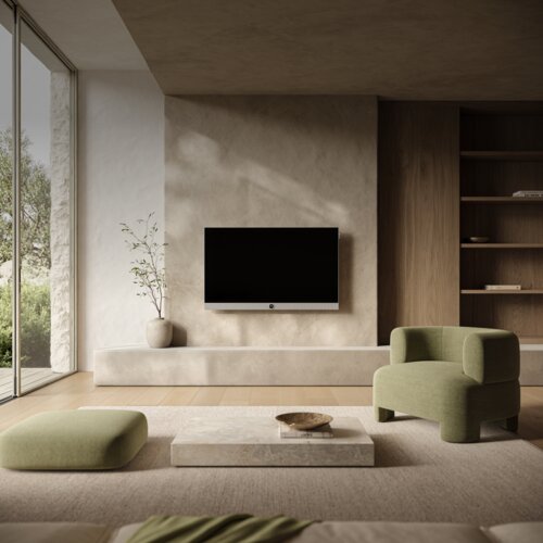 Loewe Vega 32 Smart TV in a modern living room with a beige-olive wall – compact premium TV with 4K UHD, Dolby Vision IQ, and stylish integration.