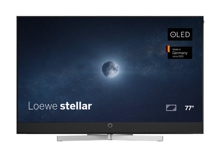Loewe stellar 77 dr+ lava OLED TV Frontansicht nah – Premium Design Fernseher mit Beton-Lava Rückwand und schwarzem Aluminiumrahmen